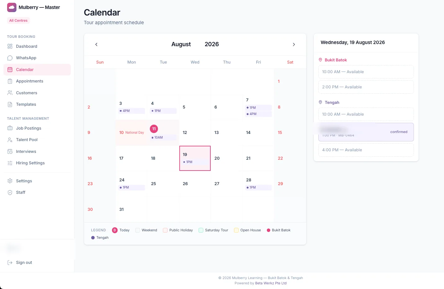CRM booking calendar with tour appointment slots across two centres