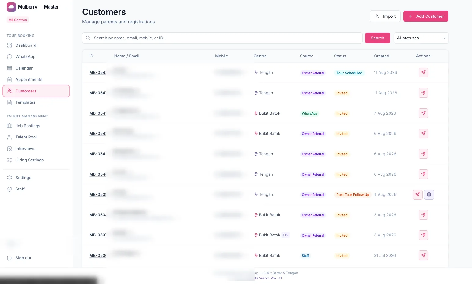 CRM customer records — parent registrations by centre, source and status (personal details redacted)