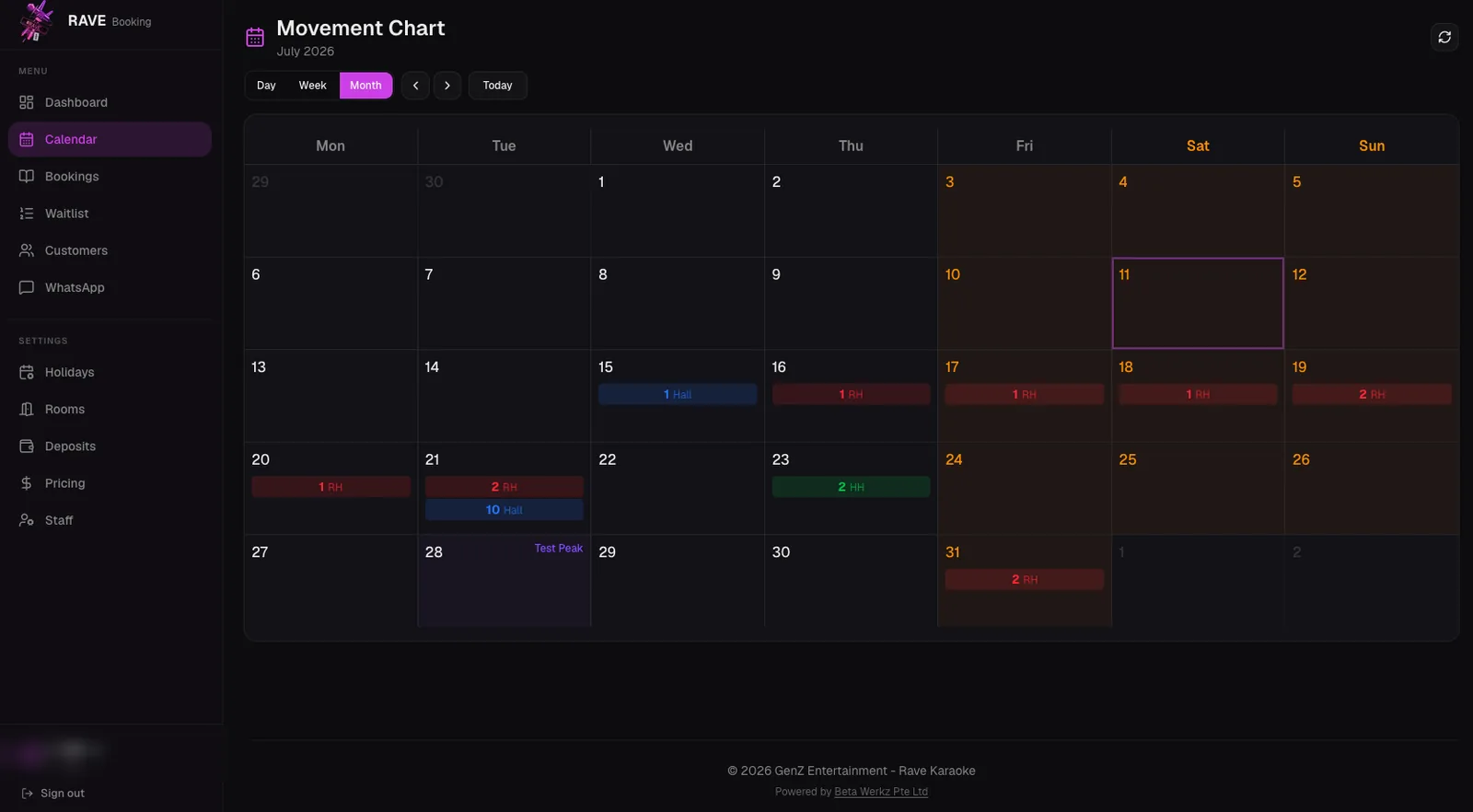Karaoke room availability calendar by day