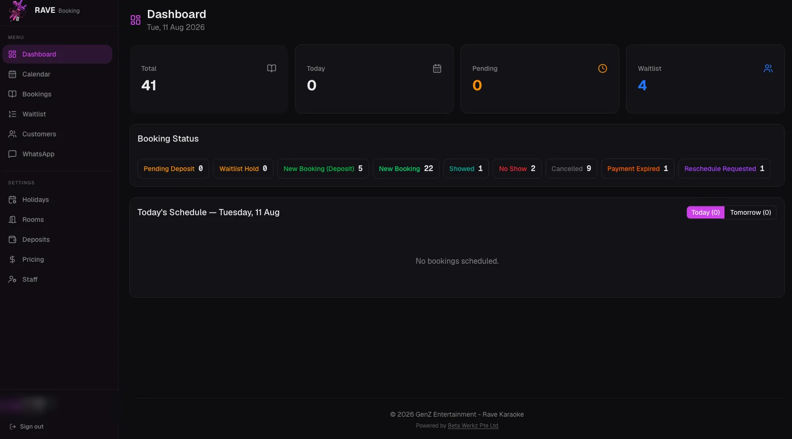 Rave Karaoke booking system dashboard — booking totals, statuses and today’s schedule