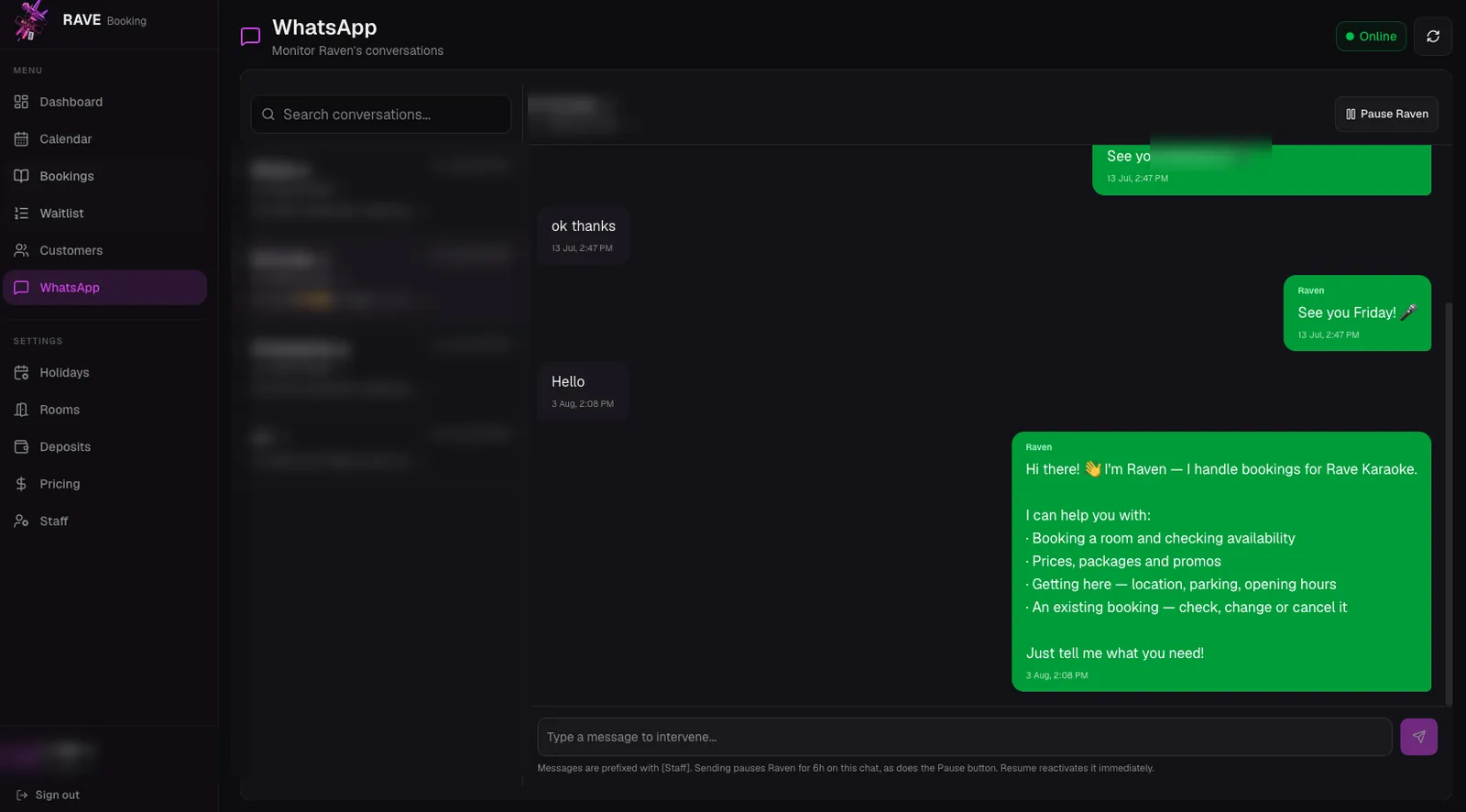 Built-in WhatsApp assistant handling karaoke room bookings (contact details redacted)